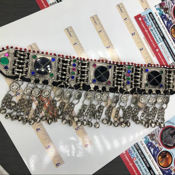 Black Stone Choker, Handmade Afghan Choker with Stones and Silver Beads, Kuchi - Picture 2 of 13